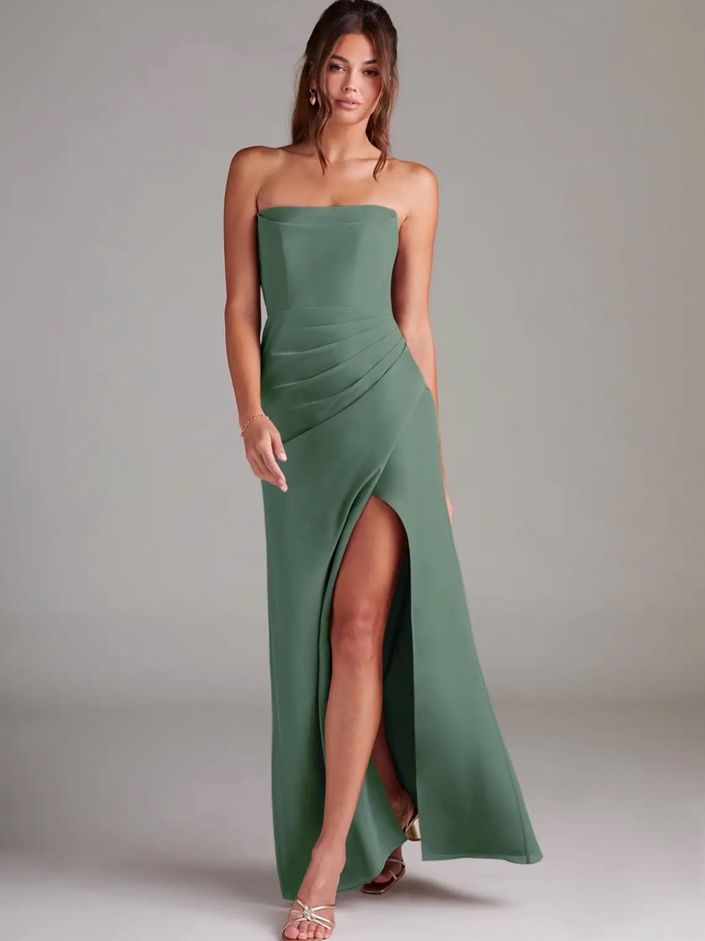 Azazie Strapless Leonis Eucalyptus Sheath Strapless Chiffon Convertible Dress